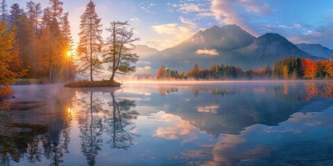 Wall Mural - Tranquil Landscape. Stunning Sunrise over Hintersee Lake in Bavarian Alps