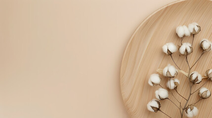 Aufkleber - Blank paper cards Mockup with a cotton flower on a wooden plate beige background Minimal beige workplace composition flat lay mockup : Generative AI