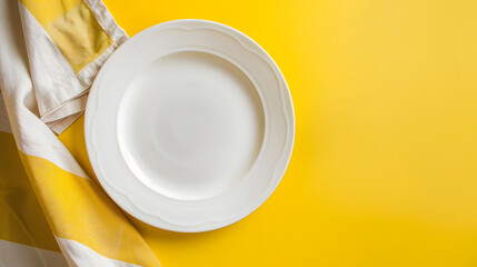 Aufkleber - Top view on colored background empty round white plate on tablecloth for food Empty dish on napkin with space for your design : Generative AI