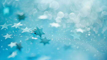 Fototapete - Stars on a bright pastel blue shiny background The view from the top Minimalism Selective focus : Generative AI