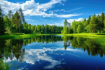 Wall Mural - Forest With Lake. Tranquil Summer Landscape with Green Reflections
