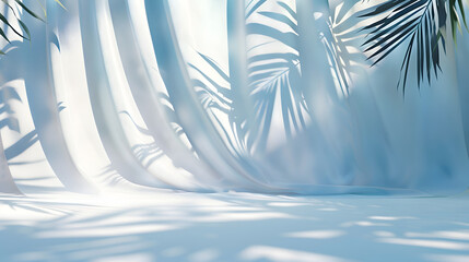 Wall Mural - Minimal abstract light blue background for product presentation Shadow of tropical leaves and curtains window on plaster wall : Generative AI