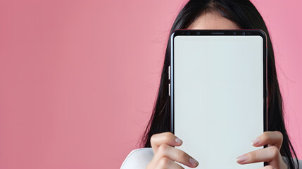 Aufkleber - Advertising Concept Portrait of excited asian lady peeking out big giant vertical smartphone with white blank screen presenting device display Gadget with empty free space for mock up  : Generative AI