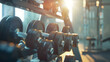 © Generative AI - Modern light gym Sports equipment in gym Barbells of different weight on rack : Generative AI
