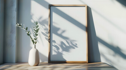Poster - Interior poster mock up with horizontal empty wooden frameScandinavian style3d rendering : Generative AI