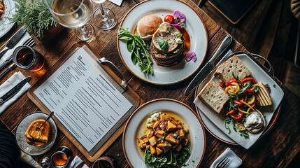 Wall Mural - Table with plates of food and menu.