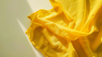 Poster - top view with yellow empty kitchen napkin isolated on table background Folded cloth for mockup with copy space Flat lay Minimal style : Generative AI