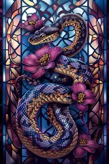 Wall Mural - A snake is shown with flowers in the background