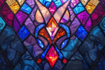 Wall Mural - A stained glass window with a blue background and a purple and gold design