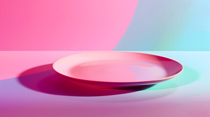 Leinwandbilder - Empty pink plate minimalist on a magenta table Single plate in bright light on a vibrant colored background : Generative AI