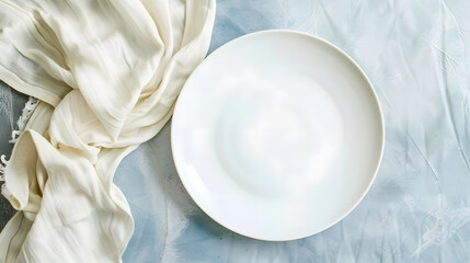 Aufkleber - Top view on colored background empty round white plate on tablecloth for food Empty dish on napkin with space for your design : Generative AI