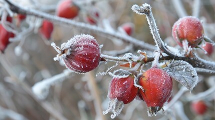 Winter Frost. Beautiful Frosted Red Rose Hips on a Cold Botanical Tree Branch
