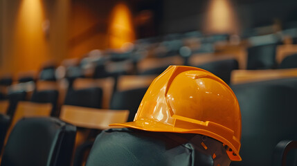 Construction helmet on an empty seat in a conference room A meeting of workers or miners to designate tasks or reduce staff Closeup selective focus : Generative AI