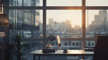 Leinwandbilder - Modern office with open space to work thought the window and background city : Generative AI