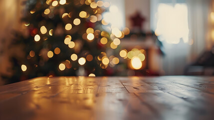 Poster - Empty table in front of christmas tree with decoration background : Generative AI
