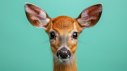 Wall Mural -   A deer's face in focus, set against a blurred green background