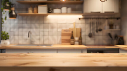Leinwandbilder - blurred kitchen interior and wooden desk space home background : Generative AI