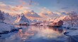 © Serhii - Waterscape at Reine Village: Serene Sunset Snowscape on the Seacoast