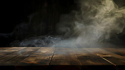 Aufkleber - On a black background an empty wooden table with smoke floats up Empty space for displaying your products with a smoke float up on a dark background Space available for displaying your : Generative AI