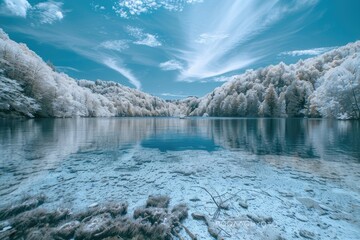 Wall Mural - Landscape Abstract. Plitvice Lakes National Park - Infrared Scene with Blue Sky and Water Reflection