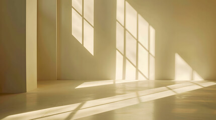 Fototapete - Beige studio background for product presentation Shadow of Window and Sunlight on Empty Room White Wall and Floor Summer concert Blurred backdrop : Generative AI