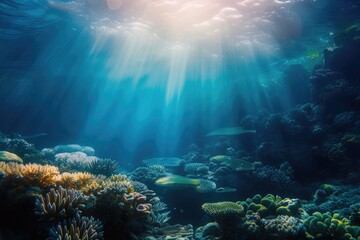 Wall Mural - An underwater coral reef scene, diverse marine life, vivid colors, showcasing the beauty and diversity of ocean life. Underwater photography, coral reef ecosystem, diverse marine life,. Resplendent.