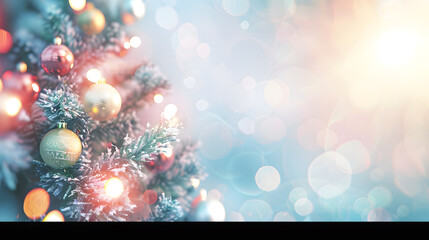 Poster - Christmas minimal background a Christmas tree decorated with balls on a background of blurry bokeh lights Baner holiday card mockup New Year 2021 Soft selective focus copy space : Generative AI