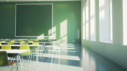 Aufkleber - Classroom schoolInterior of clean spacious classroom ready for new school year Empty room with white walls comfortable desks chairs green blackboard whiteboard Back to school : Generative AI