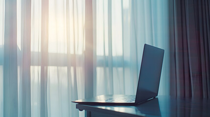 Aufkleber - Open laptop on table against window on white curtains background Workplace and home office Selective focus and shallow depth : Generative AI
