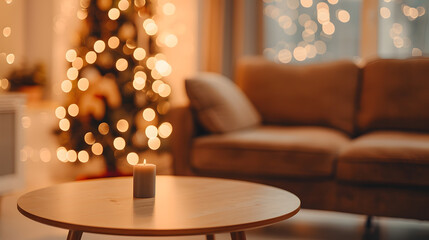 Aufkleber - Corner table background of free space for your decoration and blurred home interior with brown sofa Christmas time in home and warm light : Generative AI