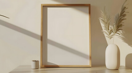 Poster - Interior poster mock up with horizontal empty wooden frameScandinavian style3d rendering : Generative AI