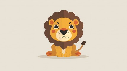 Wall Mural -   A cartoon lion sits on the ground with a spoon in its mouth, smiling at the camera