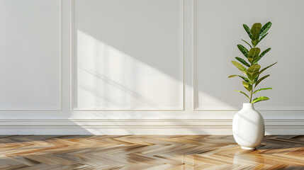 Poster - White classic wall background brown parquet floor home furniture detail frame and vase of plant : Generative AI