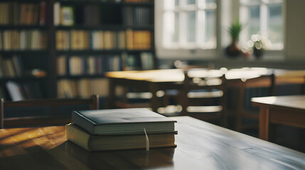 Poster - Cropped shot of wooden table with books stationery and copy space in blurred study roomEmpty classroom or presentation room interior with desks chairs and whiteboard : Generative AI