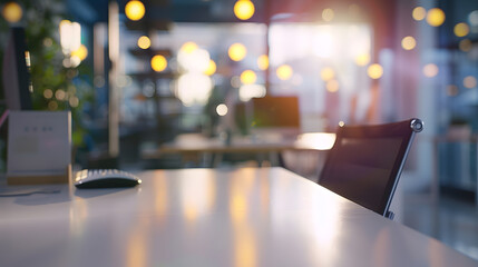 Poster - Modern business office without people with blurred bokeh background tables chairs computers copy space High quality photo : Generative AI