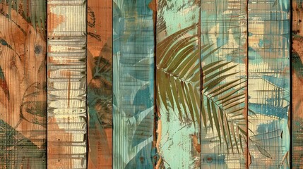 Wall Mural -   A close-up of a wooden wall adorned with a painted palm leaf and a clock