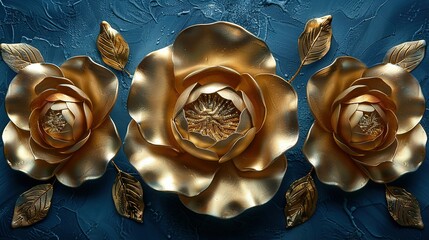 Canvas Print -   A trio of golden roses adorned with leaves against a cerulean canvas, featuring droplets mid-petal