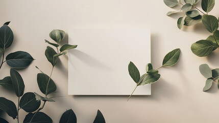 Poster - white flat paper rectangle shape at center and fresh green leaves foliage isolated with empty space on beige background ecology concept or invitation greeting card romantic wedding min : Generative AI