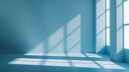 Fototapete - Minimalistic simple abstract light blue background for product presentation Shadow and light from windows on wall : Generative AI