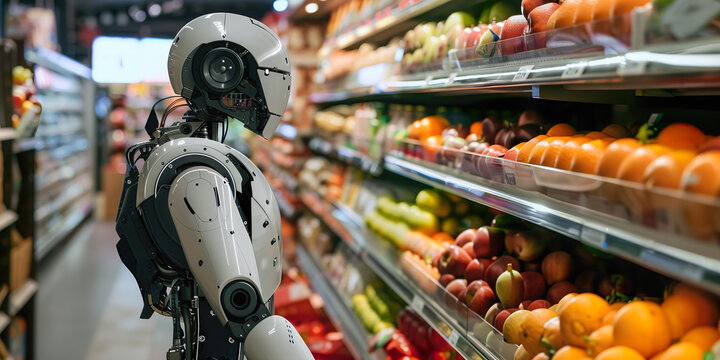 Robot in supermarket observing fruits