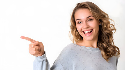 Aufkleber - Cheerful woman looking and pointing finger on copyspace isolated on a white background : Generative AI