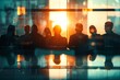 Silhouettes of business people in an office meeting room, captured with the soft light and bokeh effect from behind, creating a blurry background Generative AI