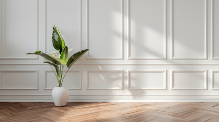 Poster - White classic wall background brown parquet floor home furniture detail frame and vase of plant : Generative AI