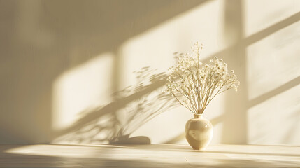 Aufkleber - Flowers in vase shade silhouette on a neutral beige textured wall and floor background aesthetic sun light shadow empty template for home room interior product mockup with copy space : Generative AI