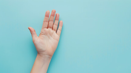 Aufkleber - Empty hand palm of caucasian woman over pastel blue background Open hand gesture closeup Adult female person right hand macro Body parts concept Directly above view : Generative AI