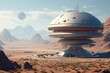 Futuristic spaceship in the desert. The spaceship has a round shape and a metallic texture. It is surrounded by rocky mountains and located in a valley.