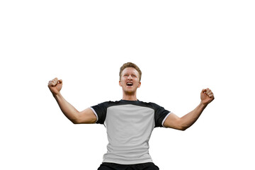 Wall Mural -  Professional german soccer player celebrates victory after scoring a goa - successful concept isolated on free png background.