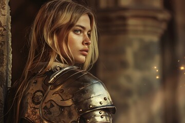 Canvas Print - A woman with long blond hair, dressed in armor, stands near the wall and looks to the side, with a serious expression on her face.