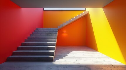 Canvas Print -  Red-yellow room with bright light on stairs