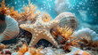 Starfishes with sea shell and coral, Summer sea background